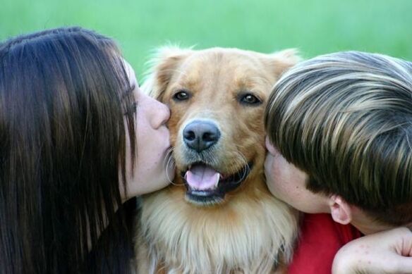 Menschen küssen einen Hund und infizieren sich mit Würmern.